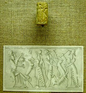 Sello cilíndrico con impresión de Mesopotamian